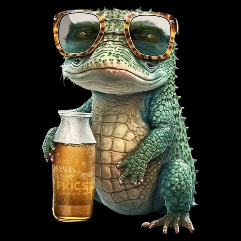 Cool crocodile in sunglasses drinking beer