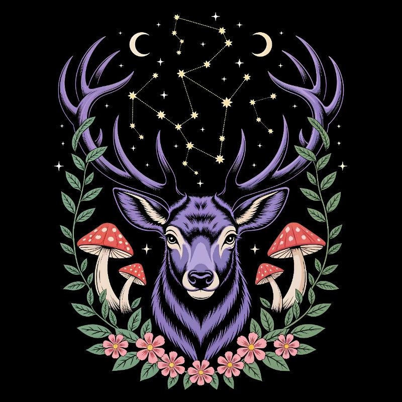 Cerf mystique avec des constellations et des champignons