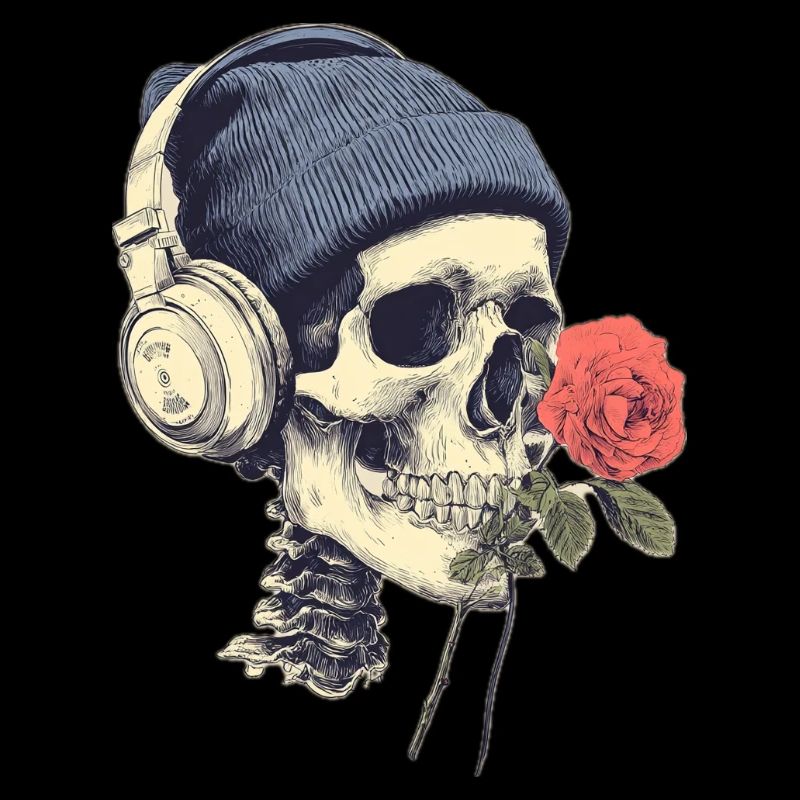Skull mit Kopfhörern und Rose