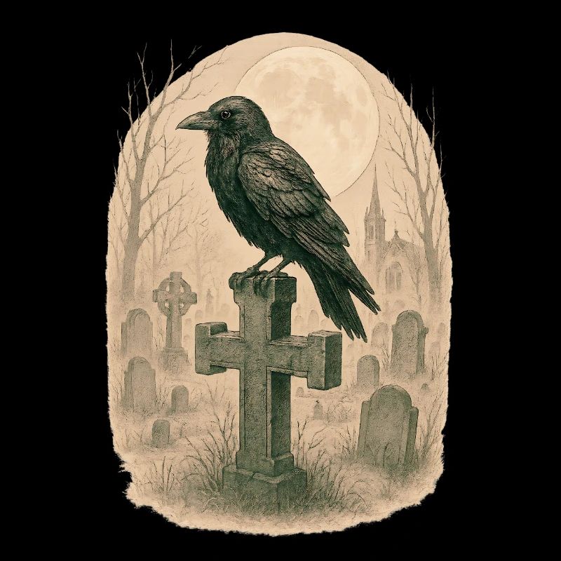 Moonlit Graveyard Raven Illustration