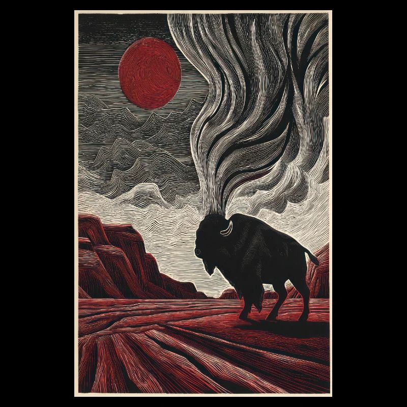 Bison Under Crimson Sun in Etched Landscape
