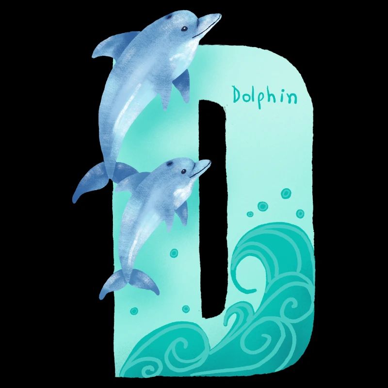 Whimsical Alphabet. Letter D. Blue Dolphin design.