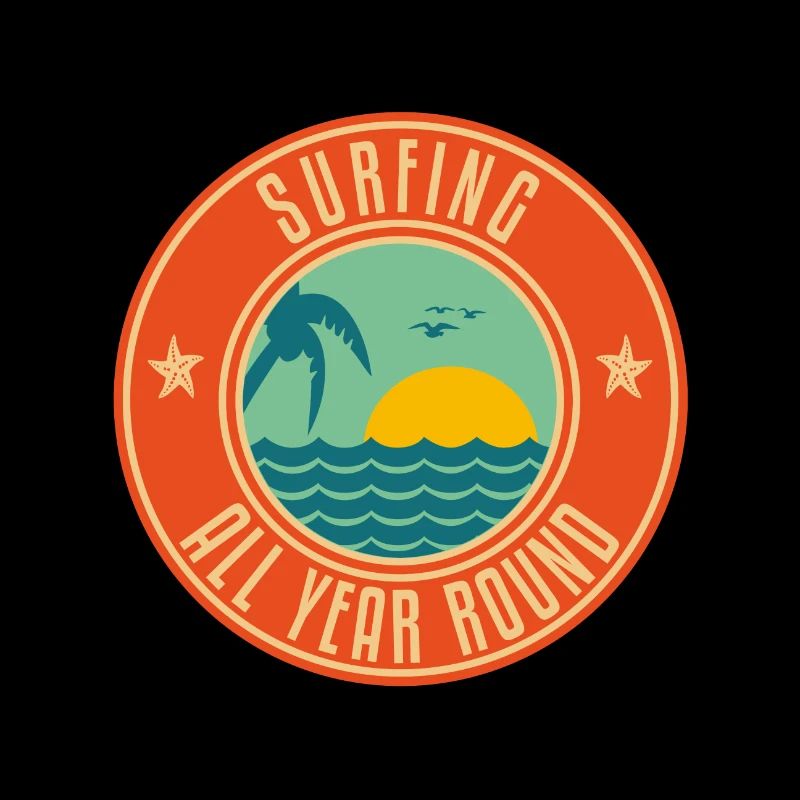 Surfing under sun and palm trees