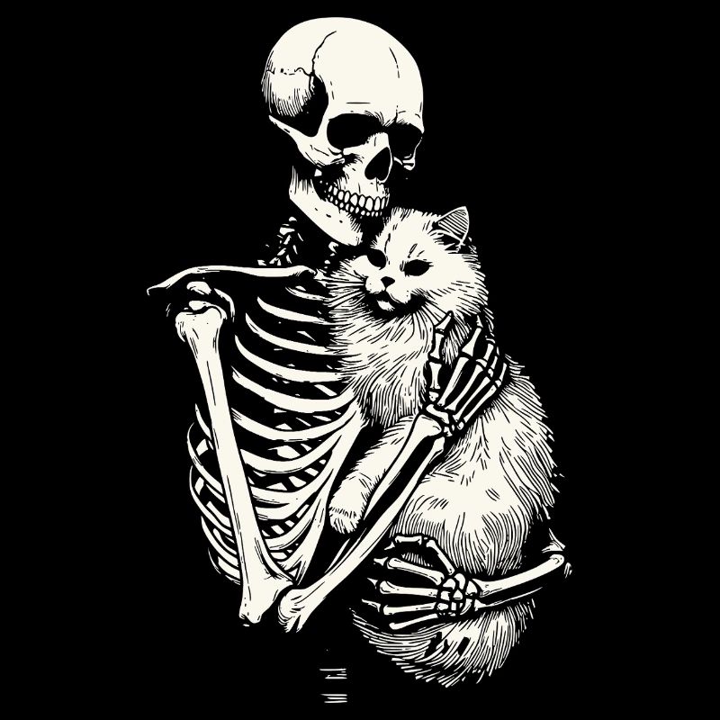 Skeleton hugging cat