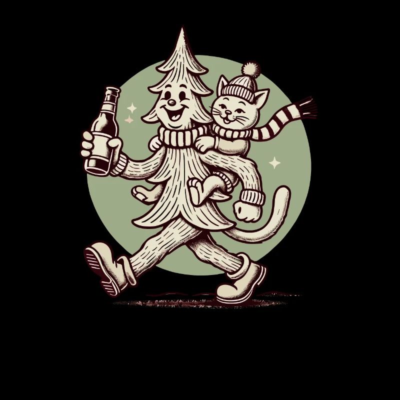Funny Christmas Tree With Cat Retro Style