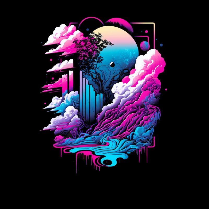 Vaporwave Abstract Landscape Moon Tree Waterfall