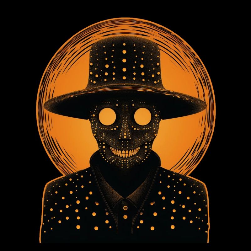 An orange skeleton wearing a hat