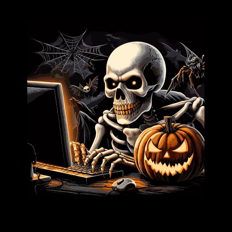 Gamers, skeleton and pc, computer halloween