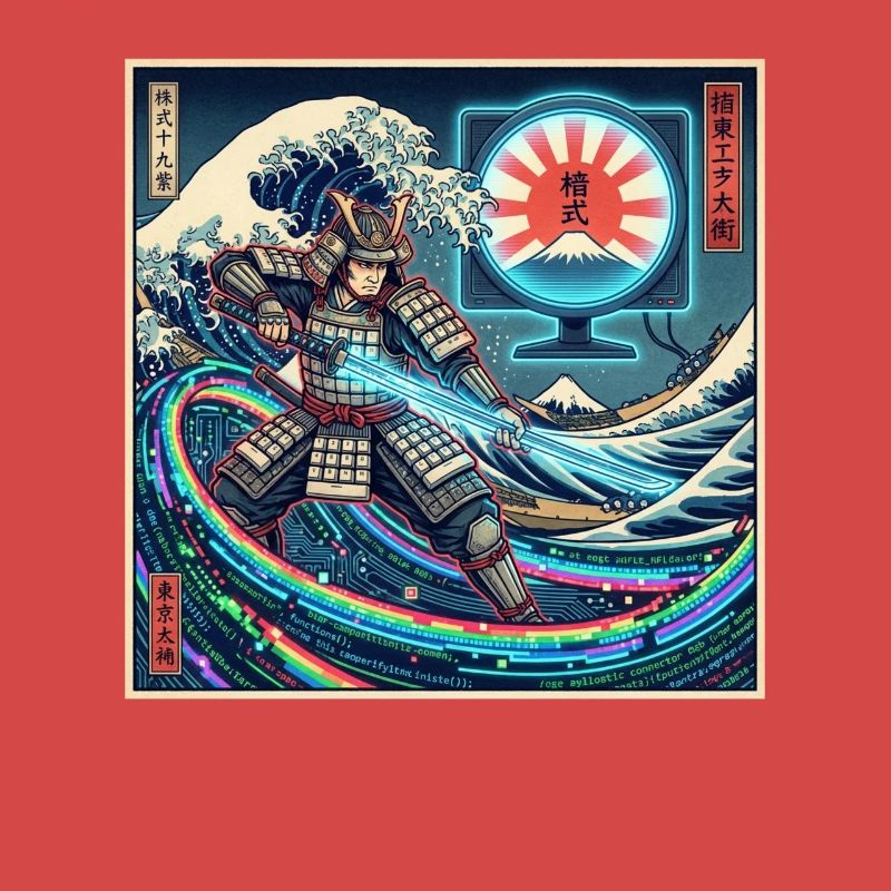 Cyber Samurai 模式 devant les vagues et Fuji