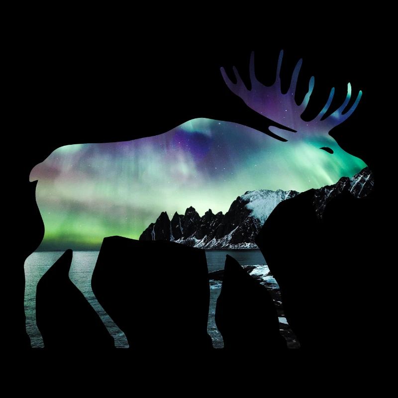 Double exposure animals moose northern lights gift idea