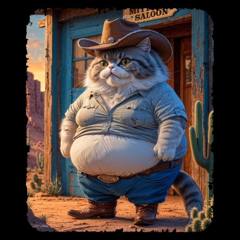 A cute and funny chubby cowboy cat Western