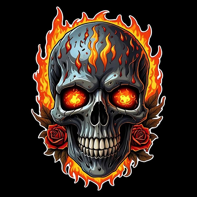 Skull with Fire and Red Roses Burning Skull