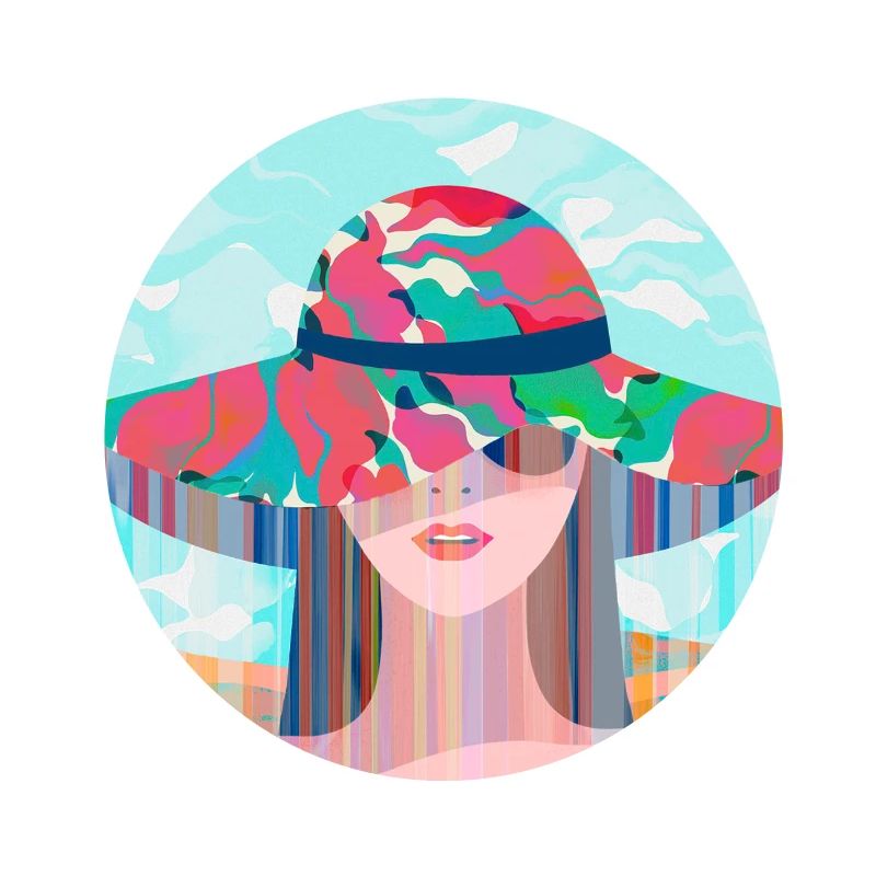 Frau mit psychedelischem farbigem Hut