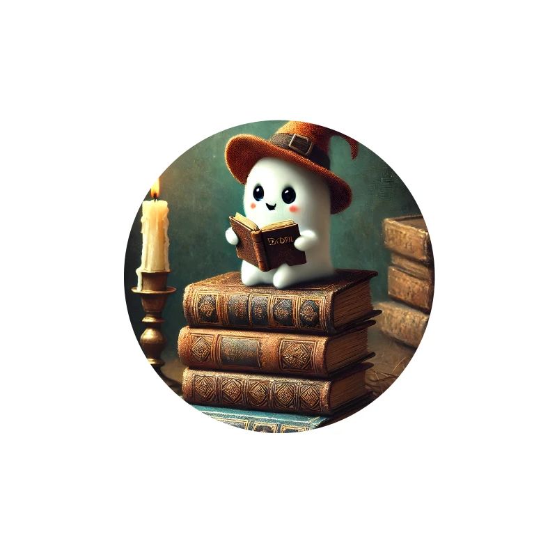 Reading Halloween ghost with a witch hat