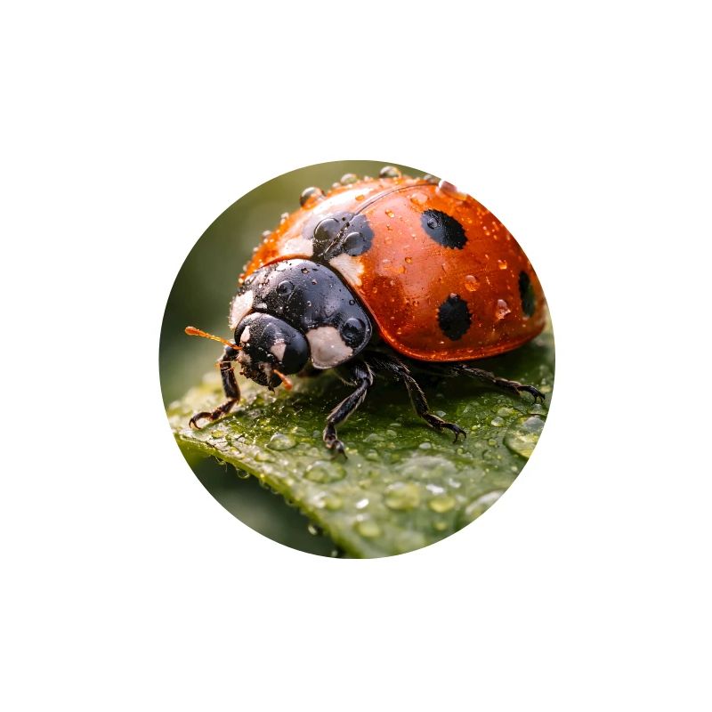 Red ladybug on dewdrops