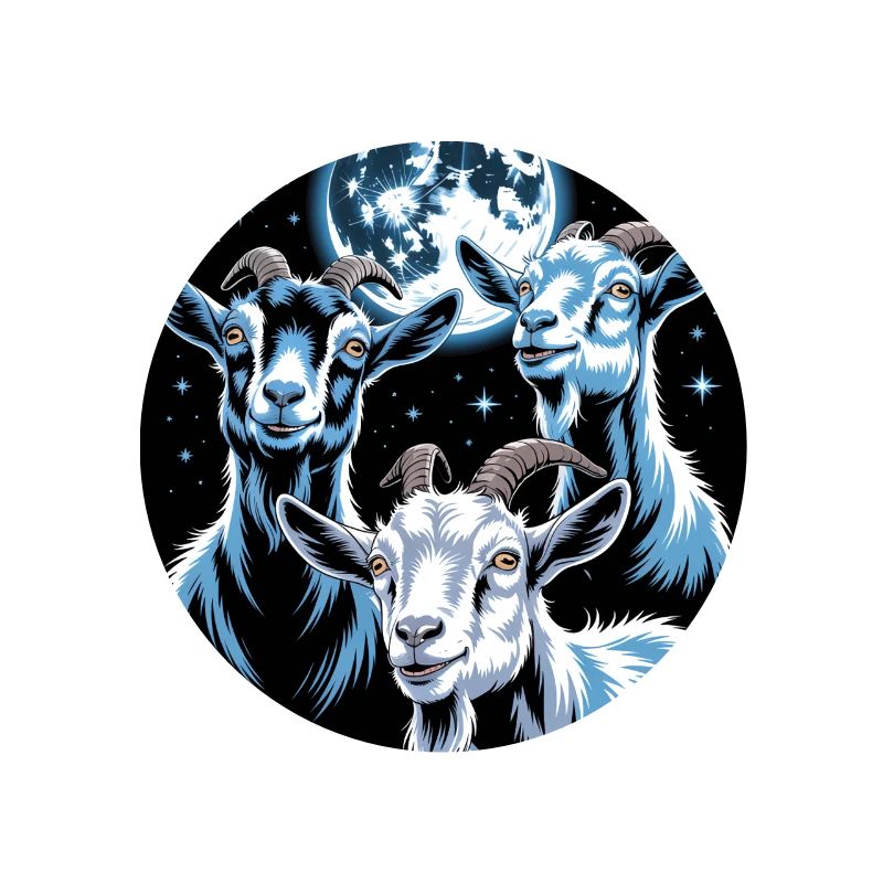 Three goats under full moon night sky