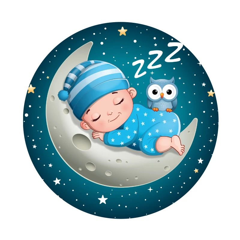 Schlafender Junge auf dem Mond mit einer Eule.