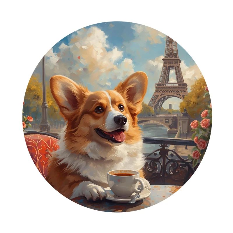 Corgi buvant du café devant la Tour Eiffel à Paris