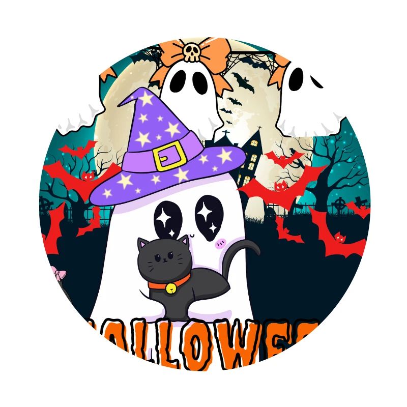 Cute Wizard Ghost and Black Cat Halloween