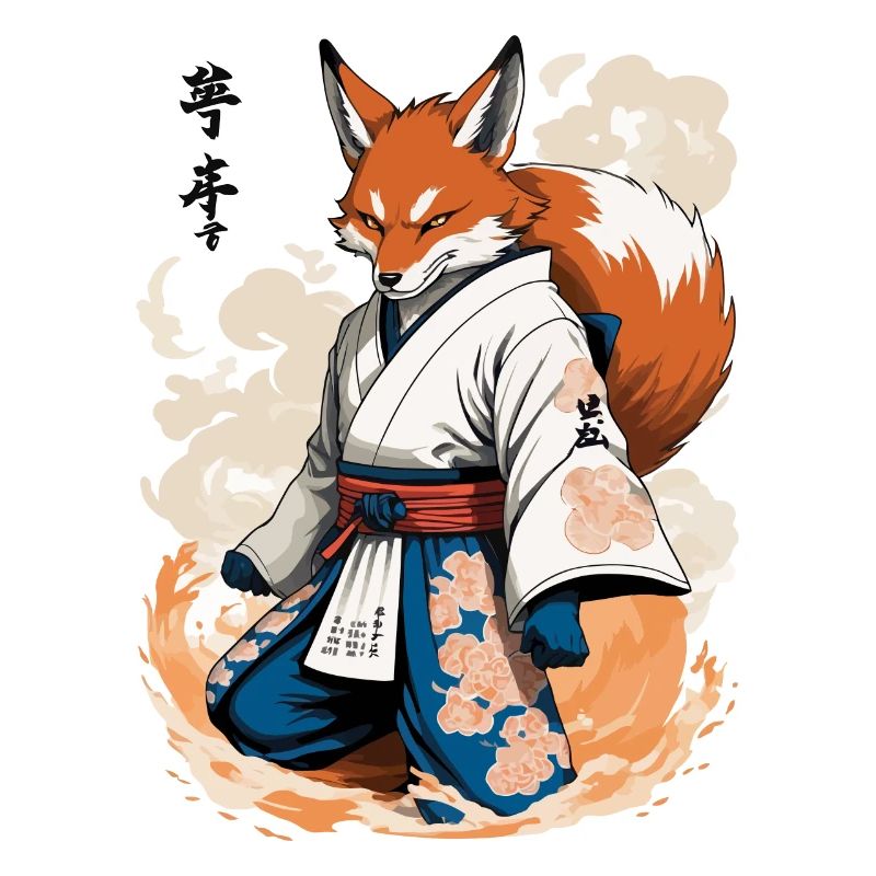 Kitsune Samurai Fox Vintage Ukiyo-e Style