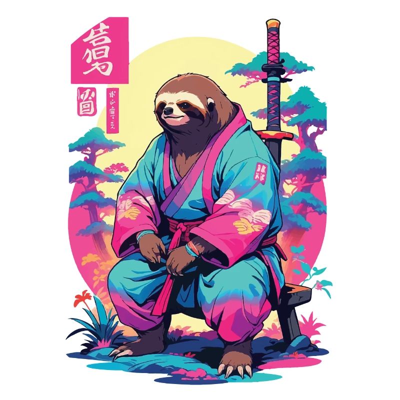 Samurai Sloth in Aesthetic Vaporwave Style