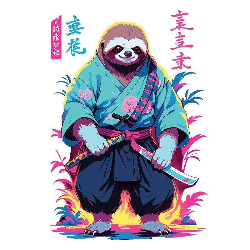 Samurai Sloth Aesthetic Vaporwave Style