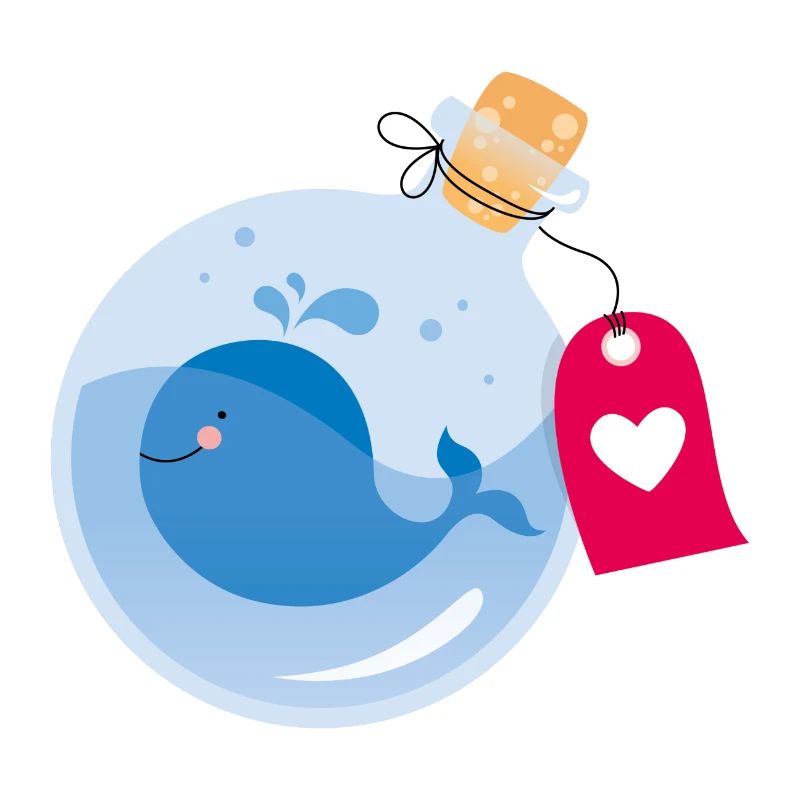 Message dans une bouteille avec une petite baleine