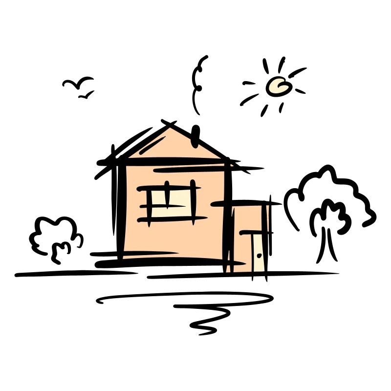 House with trees and sun. Drawing. Scribble.