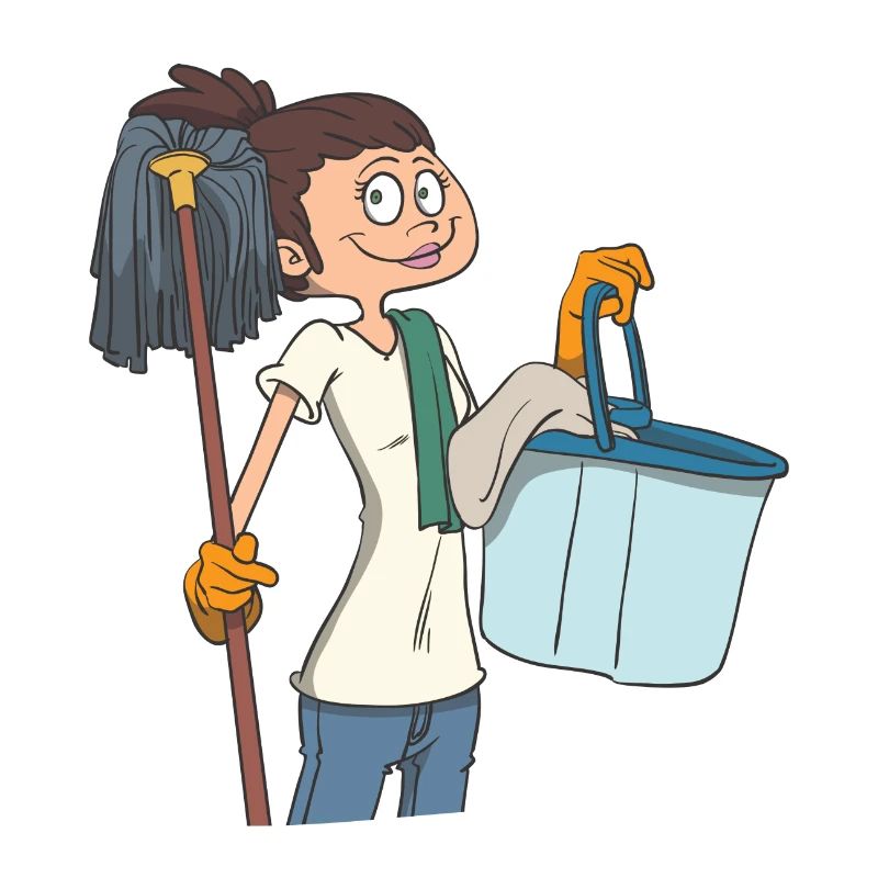 Putzfrau mit Wischmob und Eimer