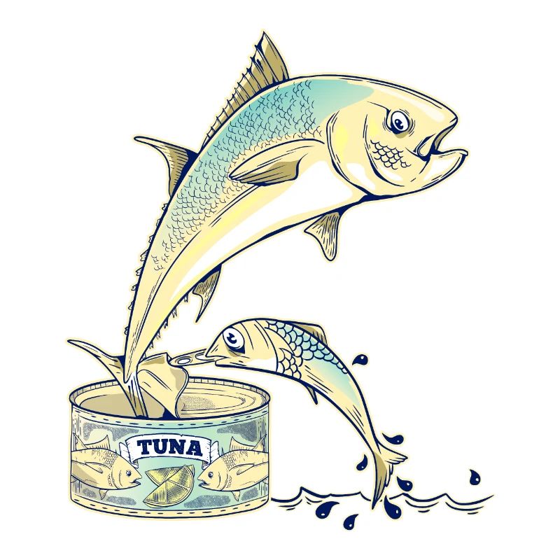 Thunfisch, der einer Blechdose entkommt