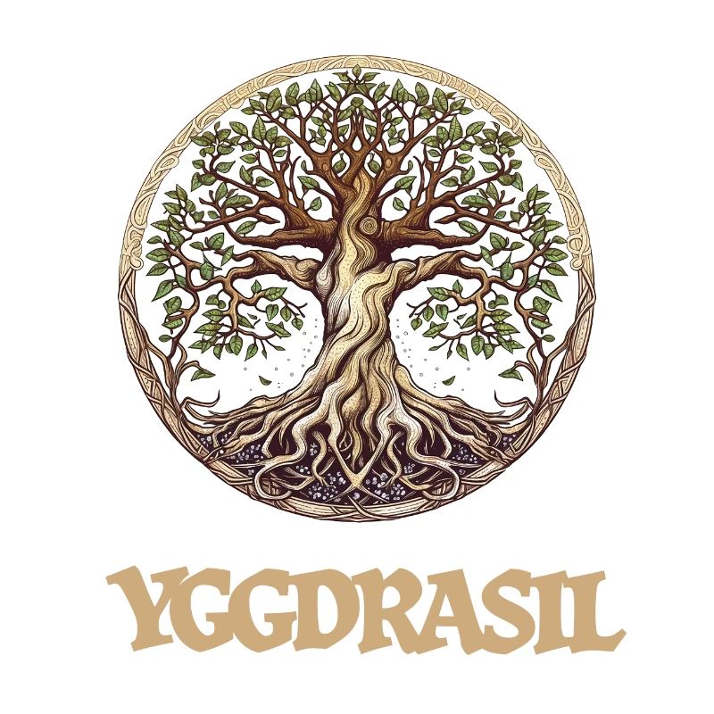 The large ash tree Yggdrasil, world tree with writing