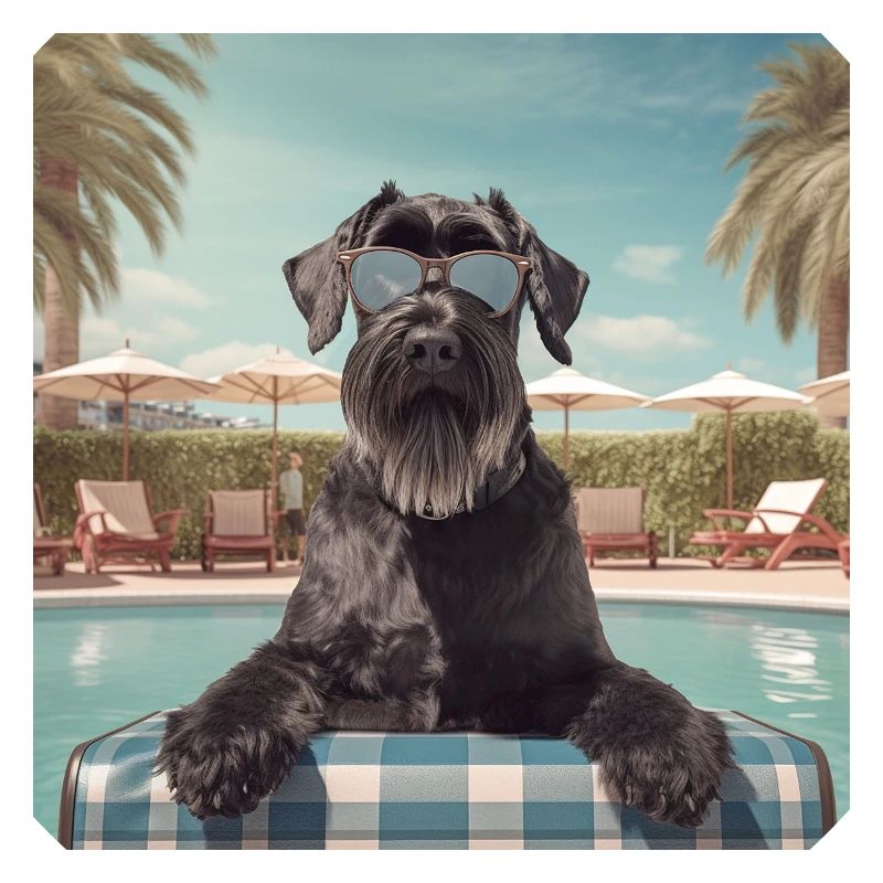 Schnauzer géant avec lunettes de soleil en vacances