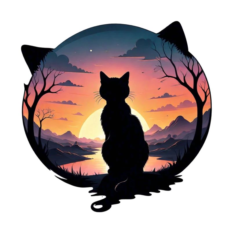 chat paysage et coucher de soleil