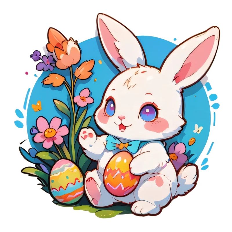 Easter bunny sitting with easter eggs