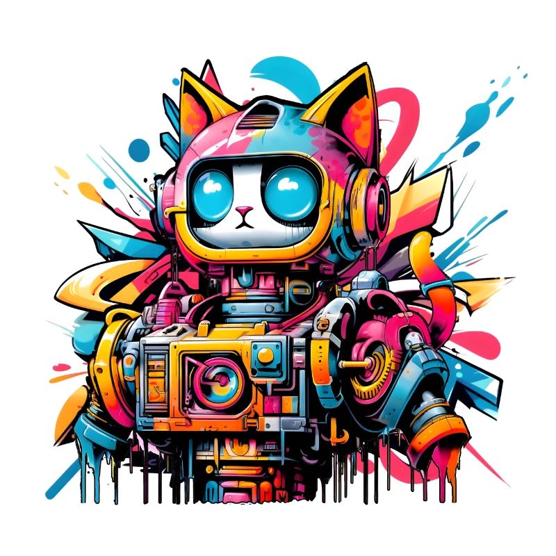 Cat designed as a robot in comic graffiti style