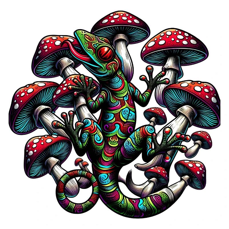 Psychedelic Gecko with Mushrooms