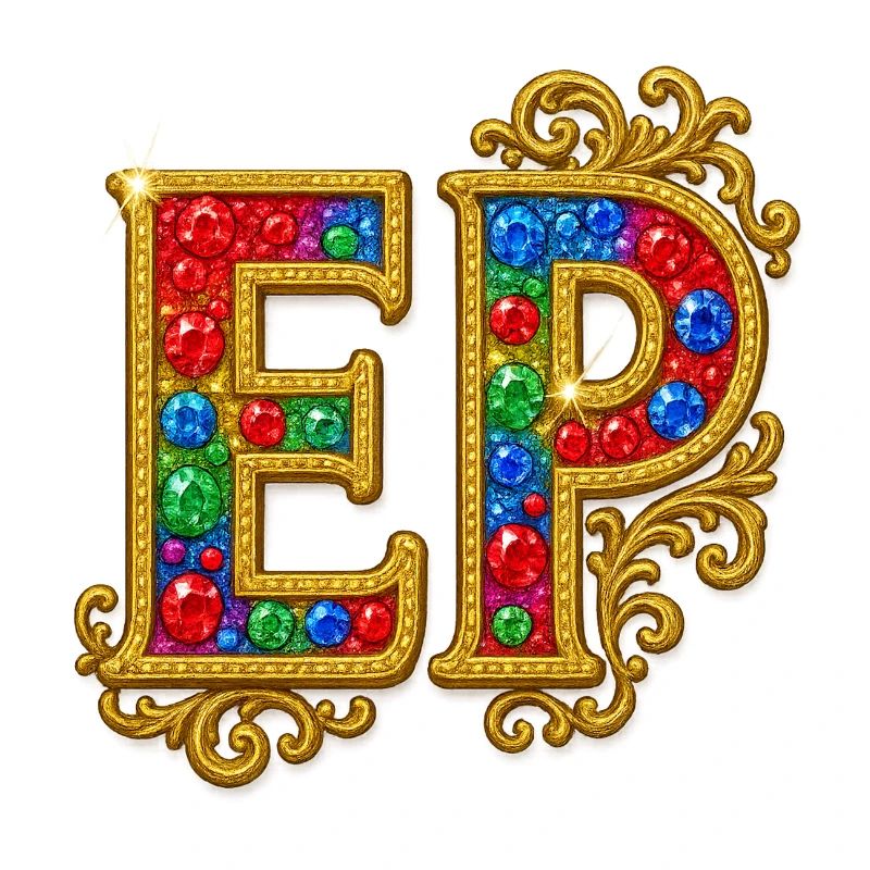 Glittering letter E with gold frame