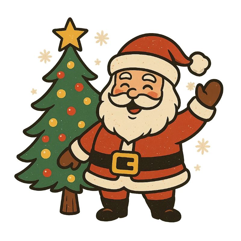 Fröhlicher Weihnachtsmann neben Baum
