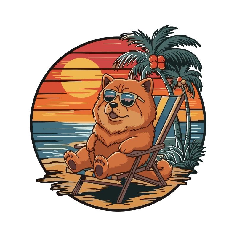 Funny Chow Chow Dog on Beach Summer Sunset