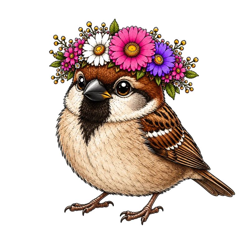 Vogel mit Blumenschmuck 