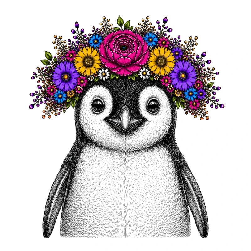 Pingouin avec couronne de fleurs