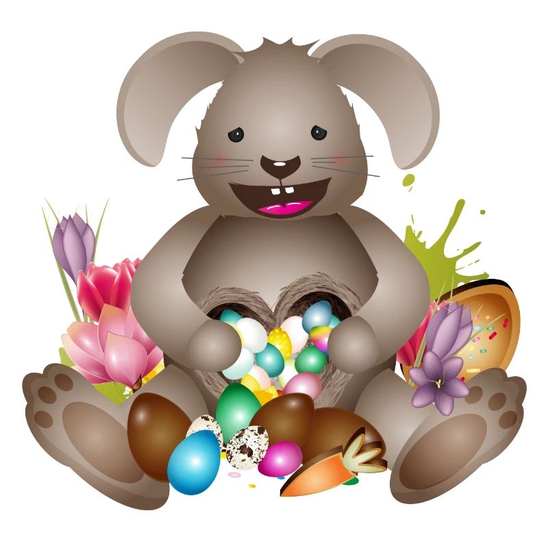 laughing Easter with Easter nest full of Easter eggs