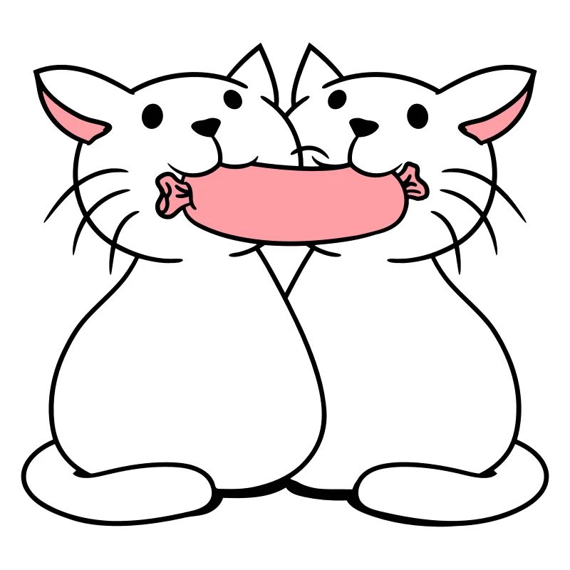 2 chats mangeant des saucisses Couple mangeant des saucisses à la bouche