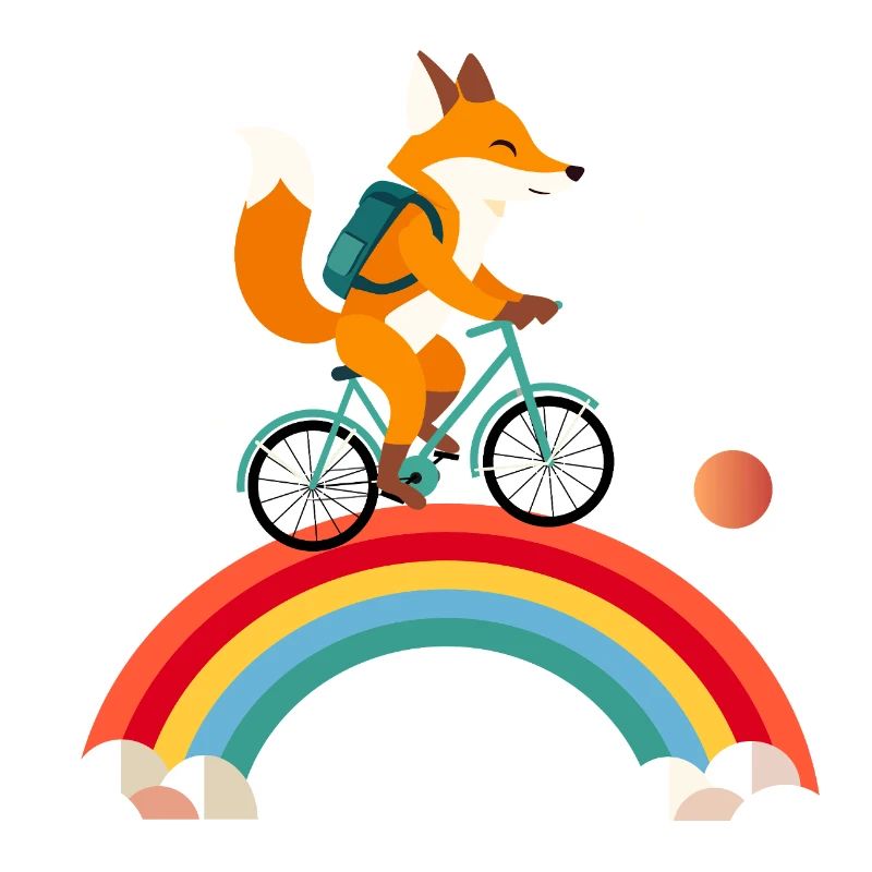 Cheerful fox on bicycle over rainbow