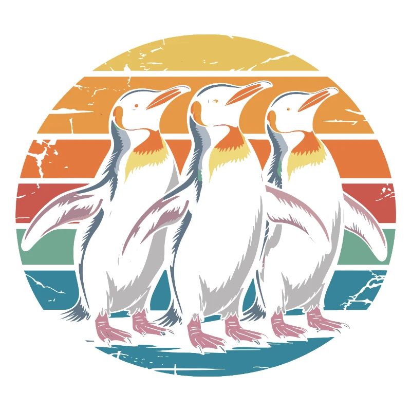 Three penguins at sunset