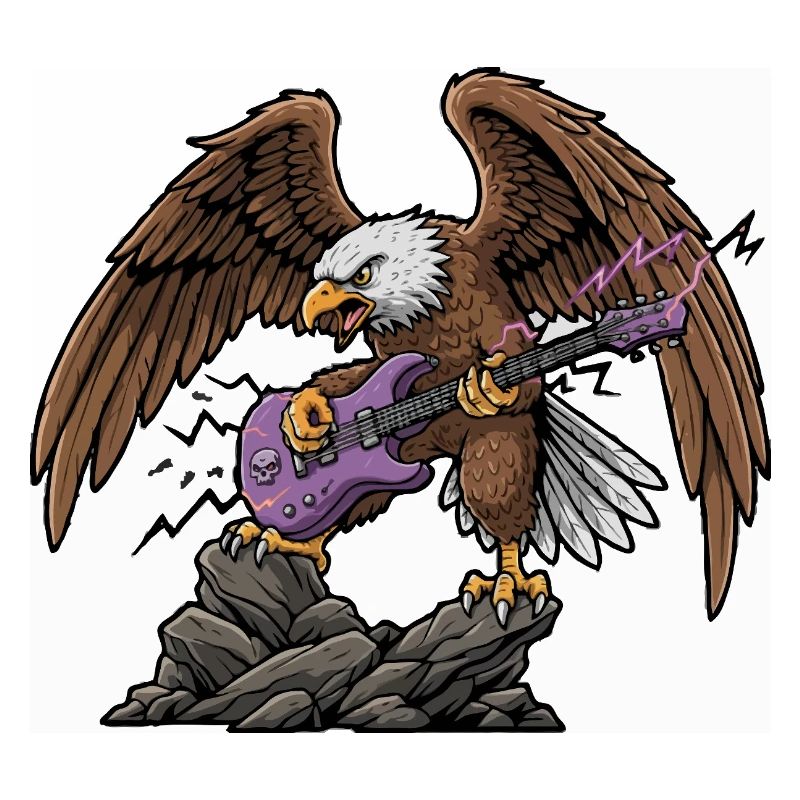 Eagle with purple guitar on boulder