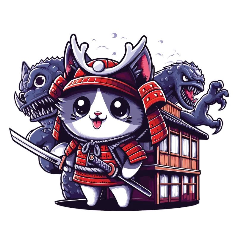 Samurai-Ninja-Katze hinter Monster und Dojo