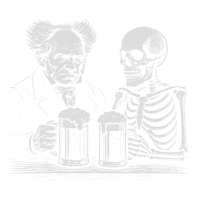 Arthur Schopenhauer drinking beer with skeleton