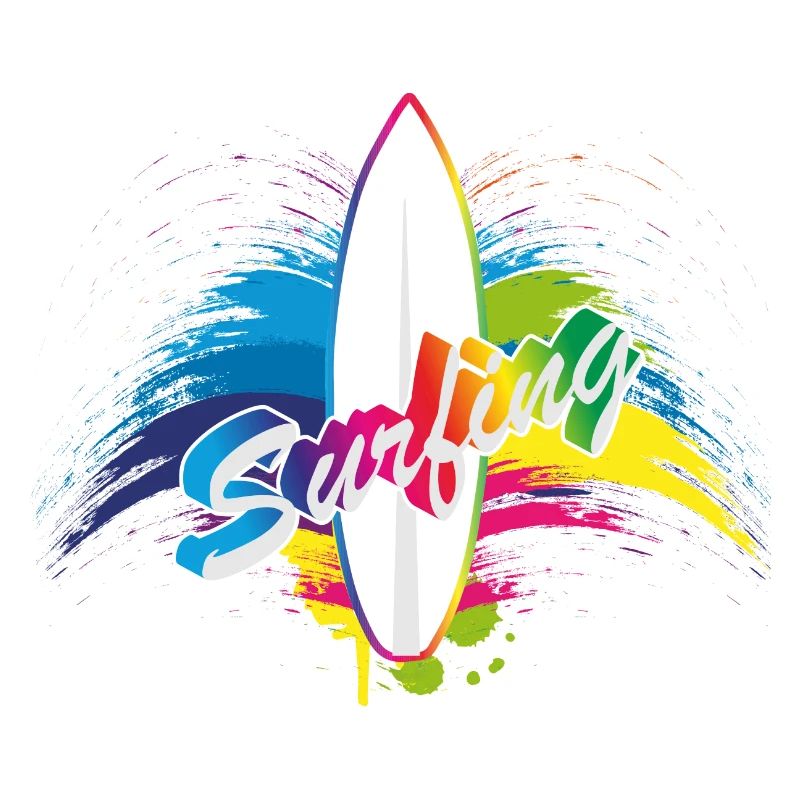 Surfing rainbow surfboard splash typography