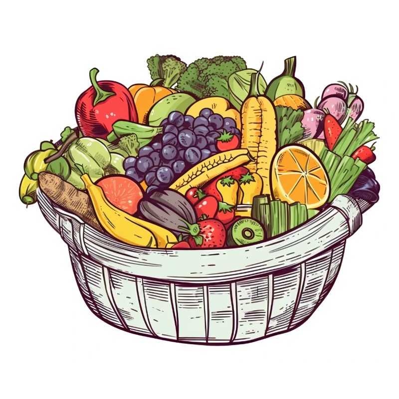 A basket filled with vegetables and fruit, transparent